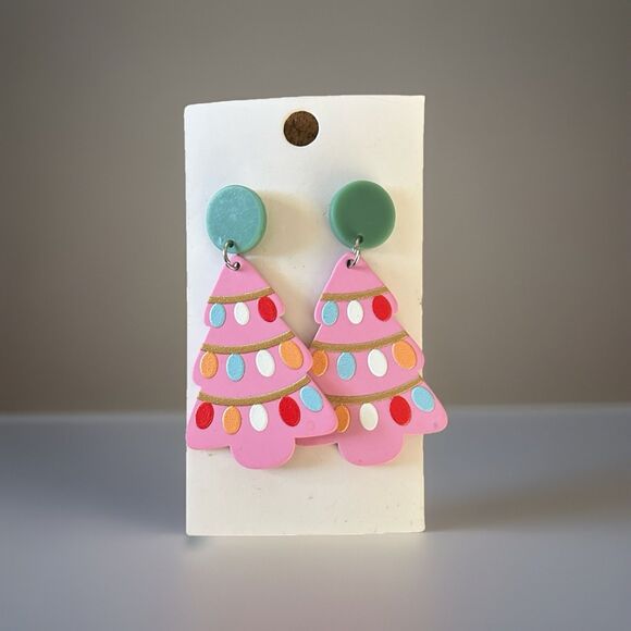 Festive Christmas Tree Shaped Acrylic Earrings Pink Painted Lights Christmas - Picture 1 of 3